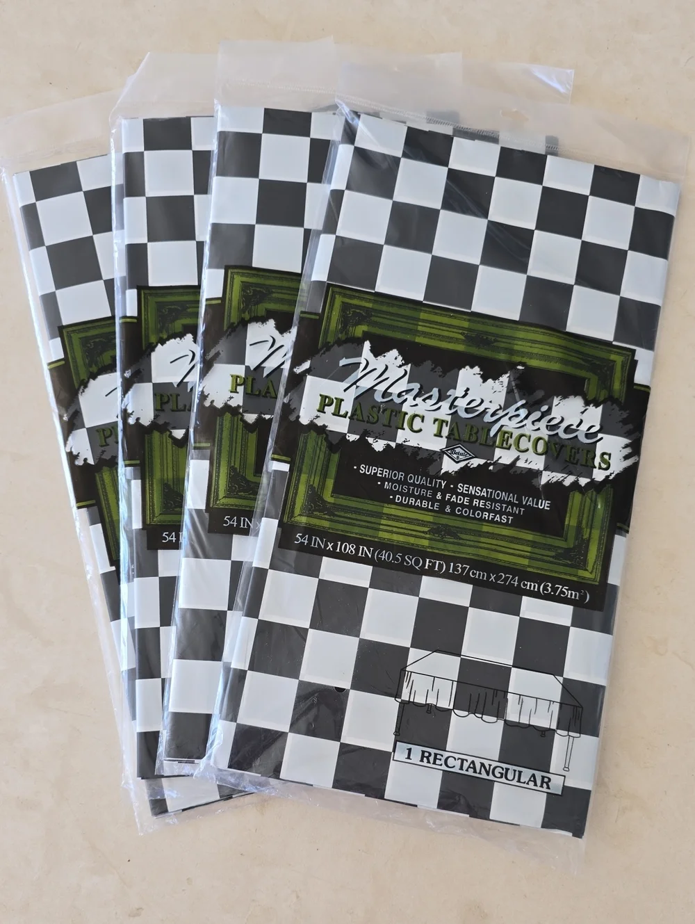NWT Set Of 4 Black and White Checkered Plastic Table Covers - Rectangular